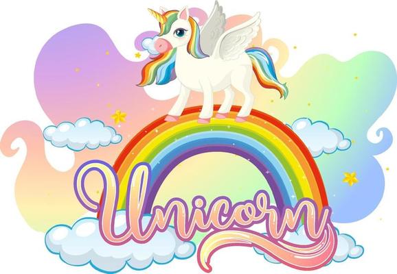 Cartoon character of unicorn standing on rainbow with unicorn font