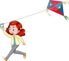 Girl playing kite isolated on white background vector