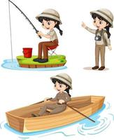 Cartoon character of a girl in camping outfits doing different activities vector