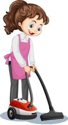 Maid cartoon character wearing uniform using vacuum cleaner