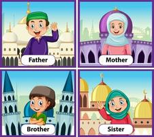 Educational English word card of muslim family members set vector