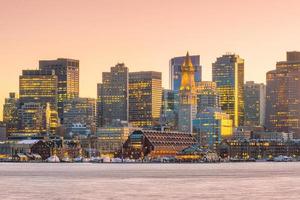 Panorama view of Boston skyline with skyscrapers at twilight in United States