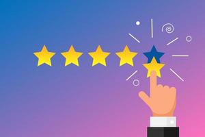 Online feedback reputation best quality customer review concept flat style. Businessman hand finger pointing five gold star rating on gradient background. Vector illustration