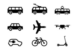 Conjunto de iconos negros de transporte público aislado sobre fondo blanco. vector