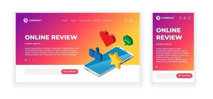 Landing web page concept design template. Online review theme. Smartphone device with feedback rating signs - thumb up, heart, message, star. Mobile app, UI, UX, site. Vector illustration EPS10