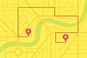 Plano de mapa de calles de la ciudad con pines gps y rutas de navegación desde marcadores de puntos a a b. esquema de ilustración de eps de color amarillo vectorial vector