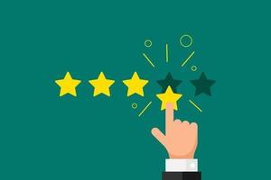Online feedback reputation good quality customer review concept flat style. Businessman hand finger pointing 4 four gold star rating on green background. Vector rank result illustration