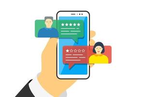 Hand holding smartphone with feedback app bubble speeches and avatars on screen. Review five stars rating with good and bad rate. Vector quaity illustration