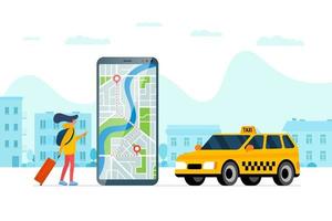 Taxi ordering service app concept. Female holding smartphone with route geotag gps location pin arrival address on city map and yellow cab. Online get taxicab application flat vector eps illustration