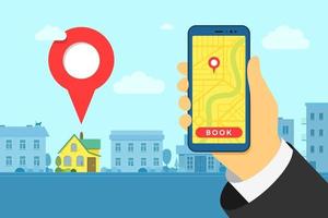 Hand holding smartphone at hotel or hostel search and booking online. House building exterior location pin. Mobile app searching gps point on city map and cityscape background. Vector eps illustration