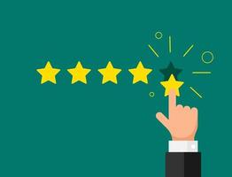 Online feedback reputation quality customer review concept flat style. Businessman hand finger pointing five gold star rating on green background. Vector eps illustration