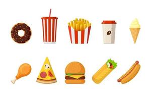 Fast sreet food lunch or breakfast meal set. Cheeseburger, french fries, fried crispy chicken leg, glazed donut, soft soda, coffee cup, ice cream, hot dog, pizza and doner kebab. Vector illustration