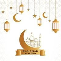 saludo de Ramadán Kareem sobre fondo borroso ilustración vectorial diseño islámico luna creciente y silueta de cúpula de mezquita con patrón árabe y caligrafía vector