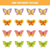 Find butterfly which is different from others. Worksheet for kids. vector