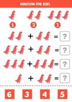 Addition worksheet with red tyrannosaur. Math game. vector