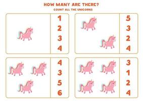 Counting math game with cute cartoon unicorns. vector