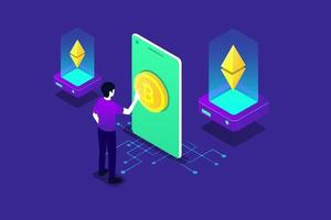 bitcoin isometric illustration with blue color vector