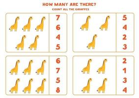 Counting math game with cute cartoon giraffes. vector