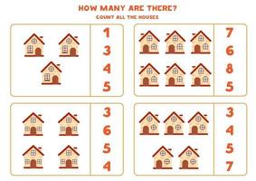 Counting worksheet with cartoon houses. Educational game. vector