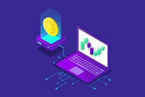 bitcoin isometric illustration with blue color vector