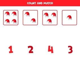 Counting game with cartoon Christmas caps. Math game. vector