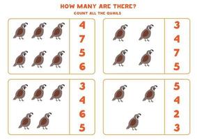 Counting game for kids. Math game with cartoon quails. vector