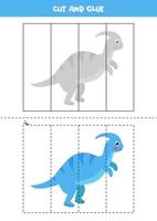 Cut and glue game for kids. Cute cartoon dinosaur. vector