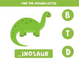 Find missing letter with dinosaur. Spelling worksheet. vector