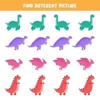 encuentra diferentes dinosaurios en cada fila. juego de lógica para niños. vector