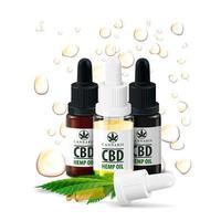 botellas de aceite de cbd aisladas sobre fondo blanco. Botellas de vidrio de aceite de cbd medicinal con hojas de cáñamo y gotas de aceite de cbd en segundo plano. vector