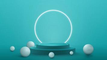 Ilustración de render 3D con escena abstracta azul con anillo blanco neón alrededor del podio. Podio vacío con esferas realistas y anillo de neón blanco en el fondo.