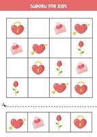 Sudoku game with valentine heart, envelope, rose. vector