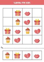 Sudoku con objetos de dibujos animados de San Valentín. juego de lógica para niños. vector