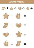 Addition with gingerbread cookies. Mathematical game for kids. vector