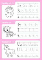 Writing letters s, t, u. Tracing page. Worksheet for kids. Practice sheet. Learn alphabet. Cute characters. Vector illustration. Cartoon style.