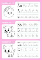 Writing letters a, b, c. Tracing page. Worksheet for kids. Practice sheet. Learn alphabet. Cute characters. Vector illustration. Cartoon style.