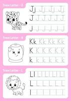 Writing letters j, k, l. Tracing page. Worksheet for kids. Practice sheet. Learn alphabet. Cute characters. Vector illustration. Cartoon style.