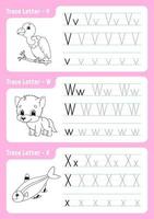 Writing letters v, w, x. Tracing page. Worksheet for kids. Practice sheet. Learn alphabet. Cute characters. Vector illustration. Cartoon style.