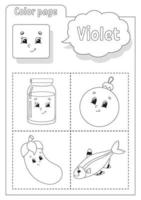 Coloring book violet. Learning colors. Flashcard for kids. Cartoon characters. Picture set for preschoolers. Education worksheet. Vector illustration.