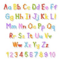 English alphabet. Vector set. Bright color style. Cartoon ABC. Funny hand drawn font. Numbers, lowercase and uppercase letters.