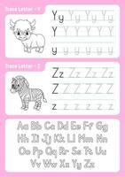 Writing letters y, z. Tracing page. Worksheet for kids. Practice sheet. Learn alphabet. Cute characters. Vector illustration. Cartoon style.