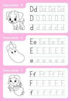 Writing letters d, e, f. Tracing page. Worksheet for kids. Practice sheet. Learn alphabet. Cute characters. Vector illustration. Cartoon style.