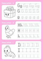 Writing letters g, h, i. Tracing page. Worksheet for kids. Practice sheet. Learn alphabet. Cute characters. Vector illustration. Cartoon style.