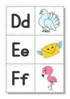 English alphabet with cartoon characters d, e, f. Flash cards. Vector set. Bright color style. Learn ABC. Lowercase and uppercase letters.