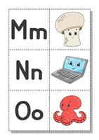 English alphabet with cartoon characters m, n, o. Flash cards. Vector set. Bright color style. Learn ABC. Lowercase and uppercase letters.