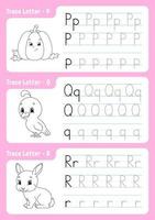 Writing letters p, q, r. Tracing page. Worksheet for kids. Practice sheet. Learn alphabet. Cute characters. Vector illustration. Cartoon style.