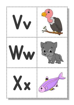 English alphabet with cartoon characters v, w, x. Flash cards. Vector set.  Bright color style. Learn ABC. Lowercase and uppercase letters. 2170501  Vector Art at Vecteezy