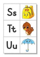 alfabeto inglés con personajes de dibujos animados s, t, u. tarjetas de memoria flash. conjunto de vectores. estilo de color brillante. aprender abc. letras minúsculas y mayúsculas. vector