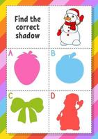 Find the correct shadow with snowman. Education developing worksheet. Matching game for kids. Color activity page. Puzzle for children. Cute character. Vector illustration. Cartoon style.