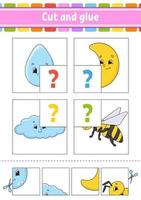 Cut and glue. Set flash cards. Color puzzle. Education developing worksheet. Activity page. Game for children. Funny character. Isolated vector illustration. Cartoon style.